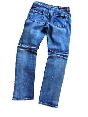 Balmain Slim-Fit Biker Jeans with Ribbed Paneling and Zipper Pockets Sz 32